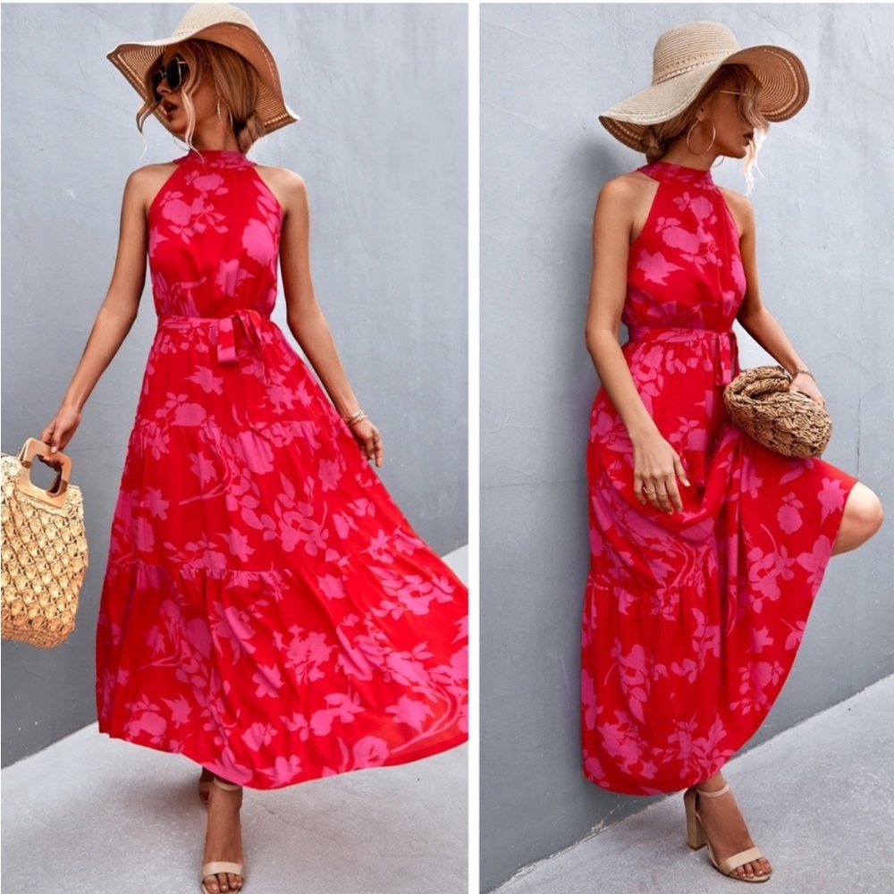 Fuchsia Floral Tie Waist Maxi Dress (Ankle Length)